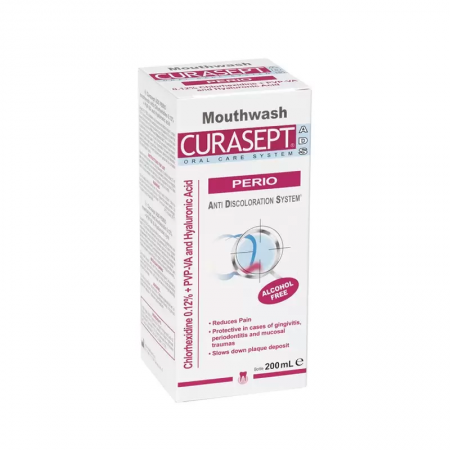 Apa de Gura Curasept Perio, cu Clorhexidina 0,12% si Acid Hialuronic, Reduce Inflamatiile si Durerea Gingivala, pentru Boli Parodontale, 200ml Apa de Gura Curasept Perio, cu Clorhexidina 0,12% si Acid Hialuronic, Reduce Inflamatiile si Durerea Gingivala, pentru Boli Parodontale, 200ml