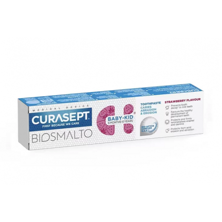 Pasta de dinti Curasept Biosmalto Baby-Kid cu Fluor,6luni - 6ani, Aroma Capsuni, 50ml Pasta de dinti Curasept Biosmalto Baby-Kid cu Fluor,6luni - 6ani, Aroma Capsuni, 50ml